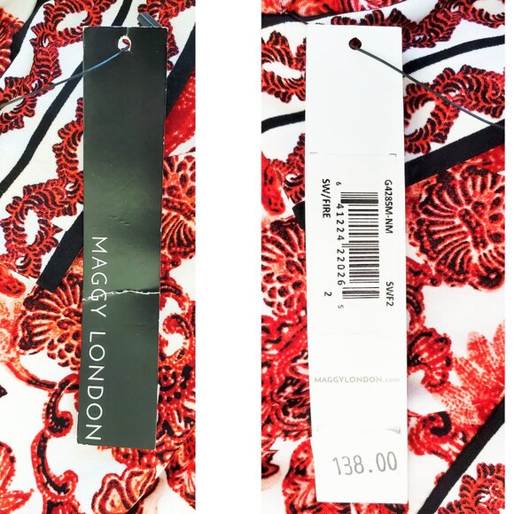 Maggy London Womens Red White Border Print Floral Short Sleeve Midi Dress NWT 2 - Picture 4 of 13